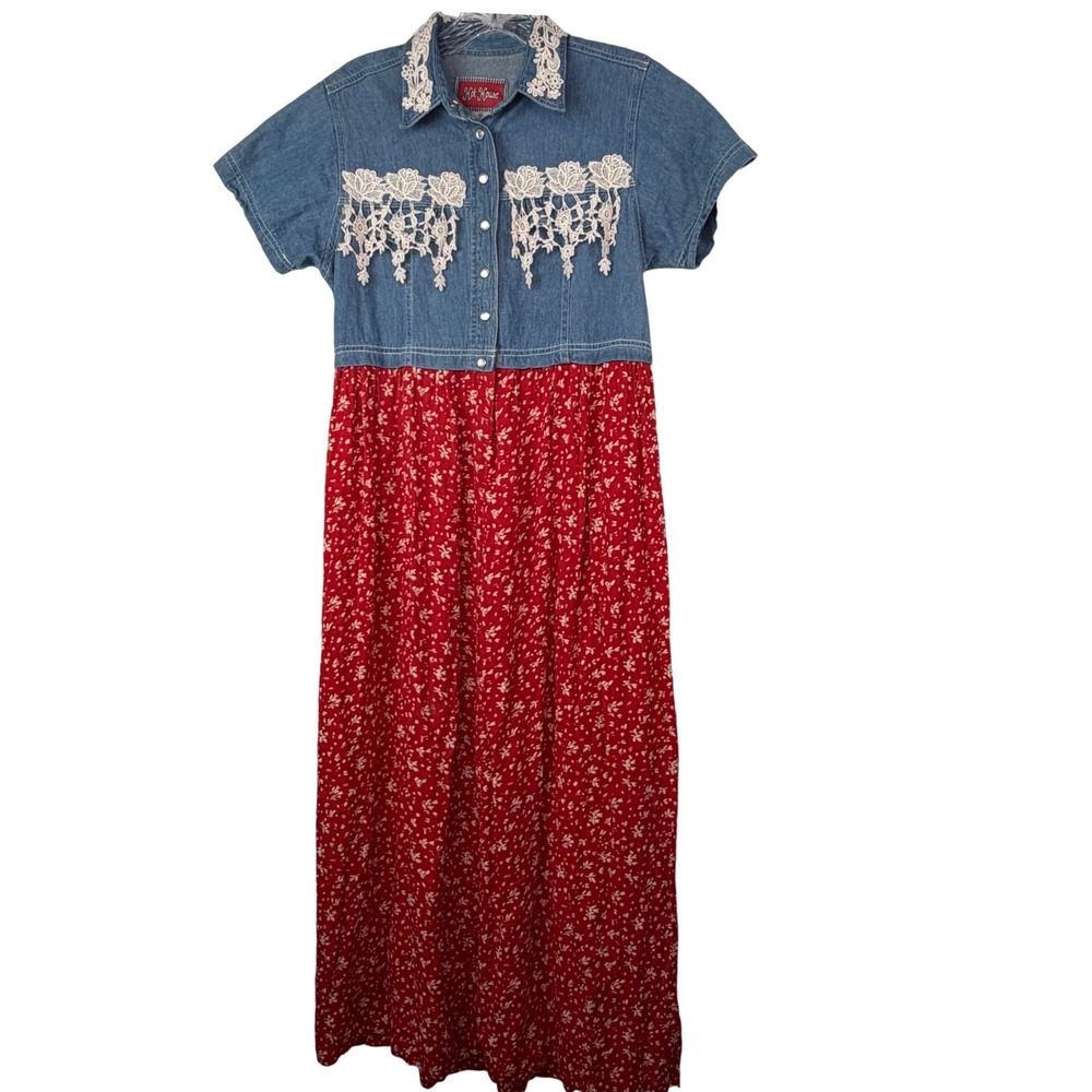 Hot House July 4 Prairie Cottagecore Denim Floral Maxi‎ Dress Cotton Womens M
